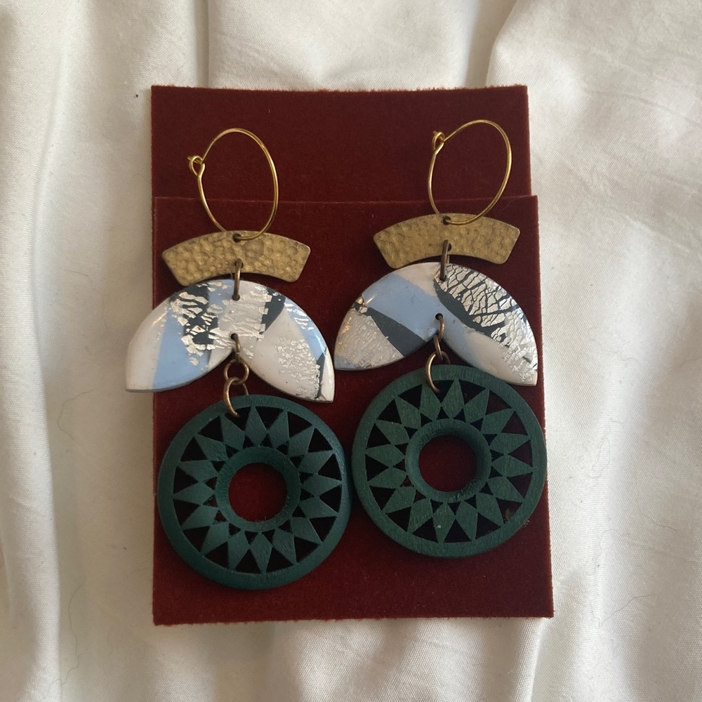 Unique Earrings‎ Women One Size Green Gold Geometric Clay Wood Long Dangle Boho